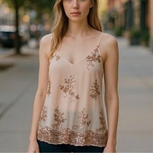Nude Rose Gold Sequin Embellished Camisole Cami Tank Top fully lined Small S